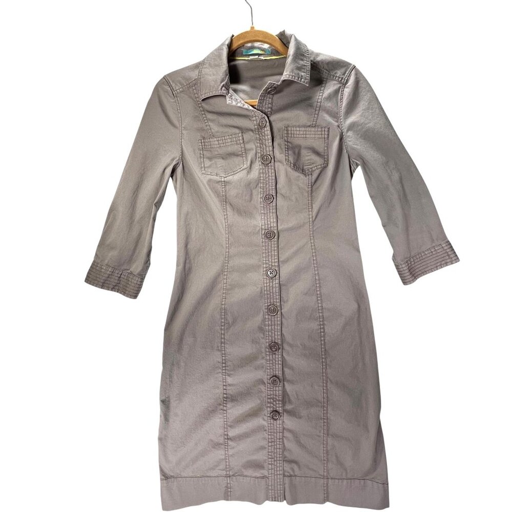 Boden Button Down Shirtdress Womens 3/4 Sleeve Size 4L Brown Putty Gray - Picture 2 of 14